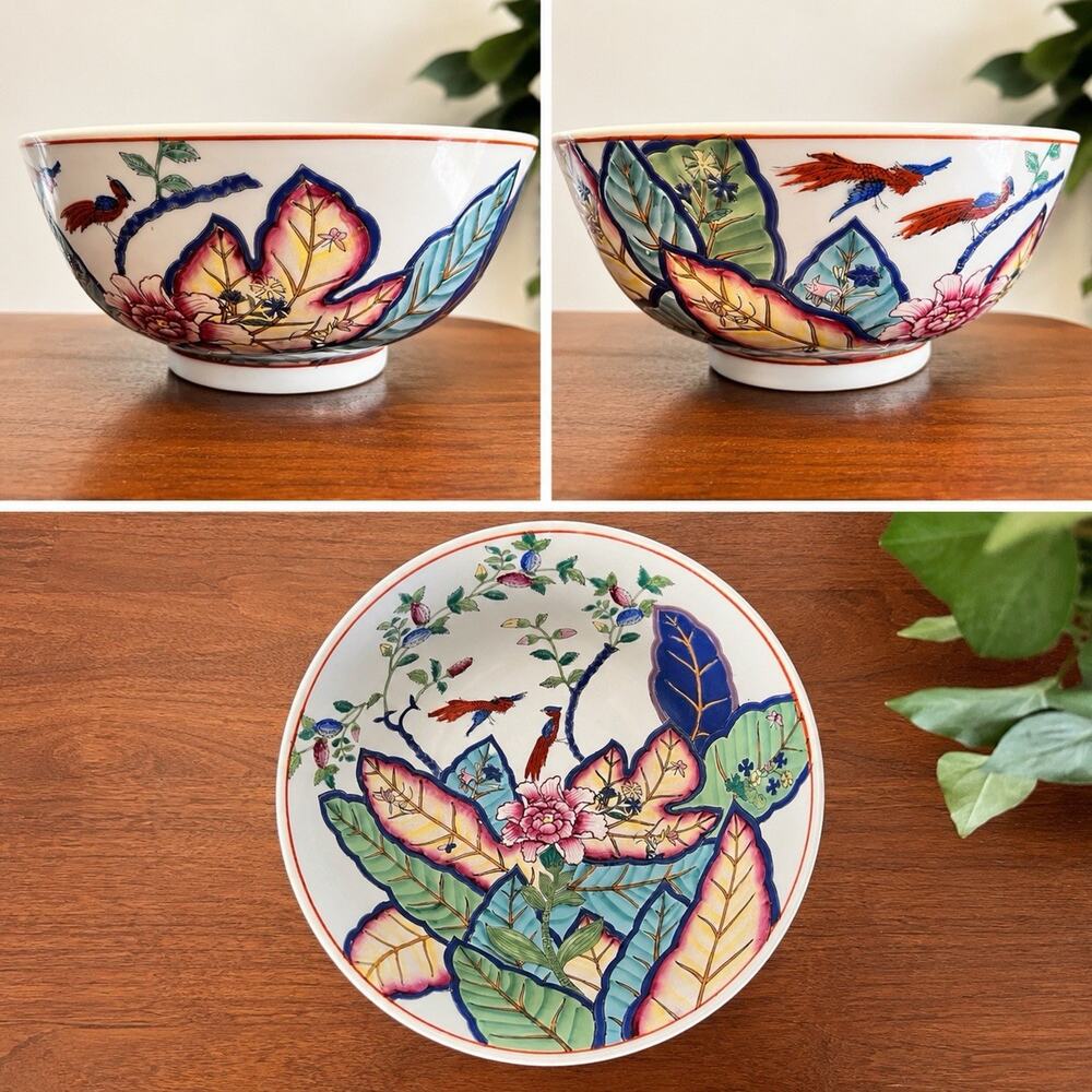 Chinese Export Tobacco Leaf Bowl 12x8” Chinoiserie Oriental Asian Hand Painted